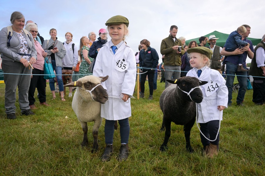 Two children stand beside sheep at an agricultural fair.