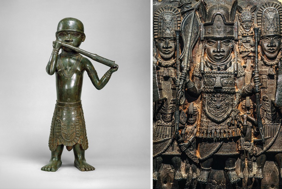 2 photos: metal sculpture of a standing person holding a long cylindrical horn; ornate metal relief sculpture of 3 figures in elaborate headdresses and regalia holding weapons