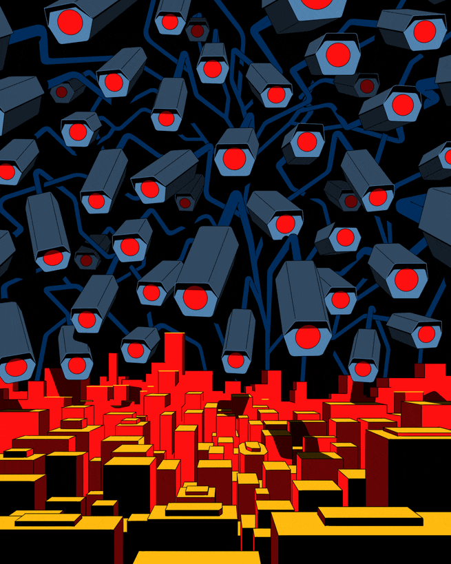 illustration of city with sky full of cameras