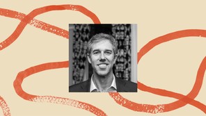 A black-and-white photo of Beto O'Rourke bordered by an illustration