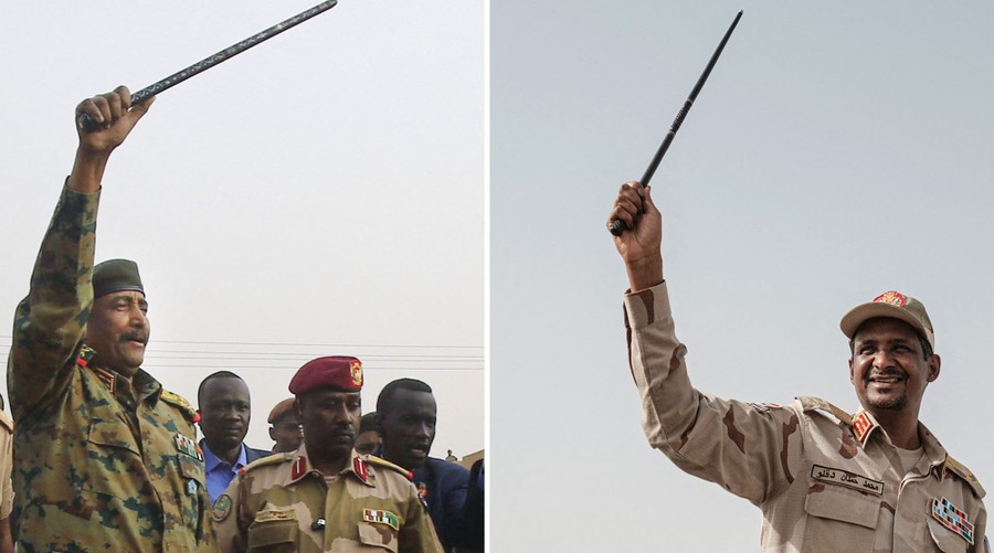 A composite photograph of two different men wearing military uniforms, each holding a stick in their upraised hand