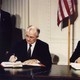 Mikhail Gorbachev and Ronald Reagan sign the Intermediate-Range Nuclear Forces (INF) Treaty in 1987.