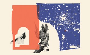 Collage illustration of red and blue shapes with Princess Leia's eyes and the Mandalorian raising his weapon