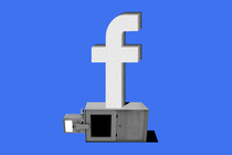 Illustration of a Facebook logo above a toppled newspaper box