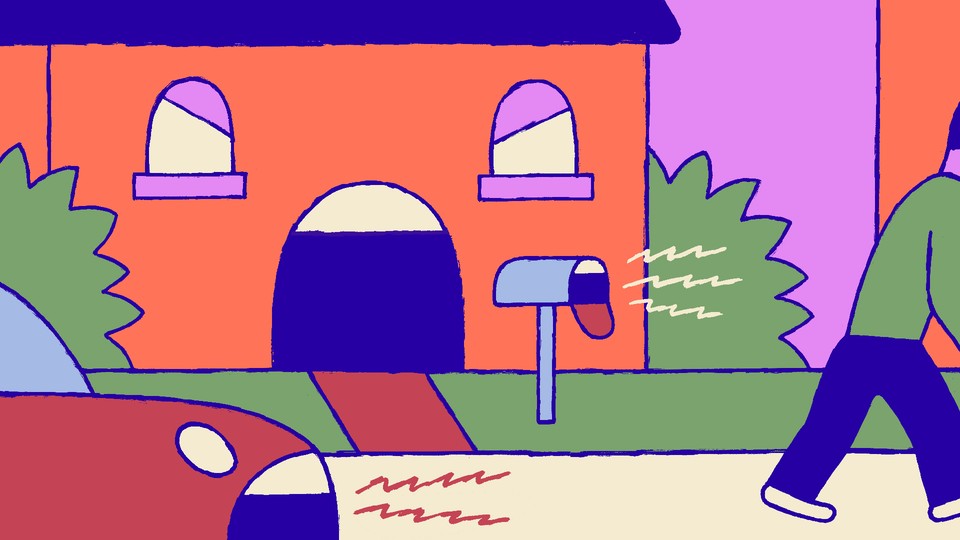 Illustration of a house, a mailbox, and a car yelling at a person in a neighborhood
