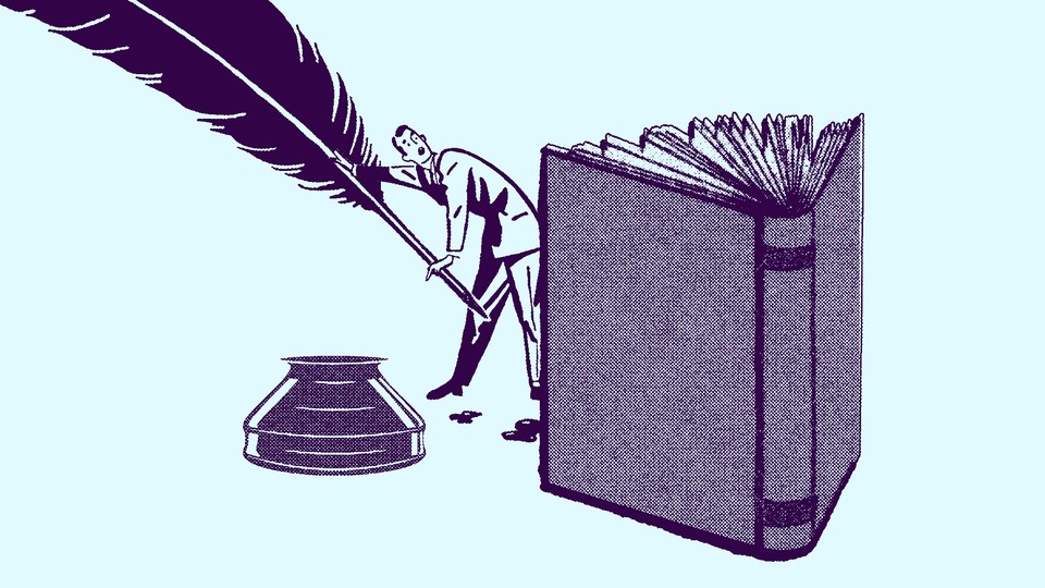 illustration of a man holding a pen in front of a book
