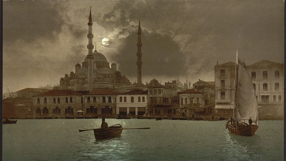 Constantinople at night, in a print from around the turn of the 20th century. The Eastern Roman Empire, based in Constantinople, endured for many centuries after the fall of the Western Empire, in Rome.