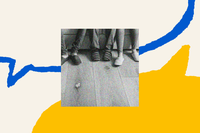 The outline of a blue speech bubble fills the top half of the screen. A yellow, filled-in speech bubble is on the bottom of the screen. In the middle is a black-and-white photo of three pairs of feet, photographed from the calf down in black and white. Each person is wearing a pair of house slippers, two with stripes, one is all black.