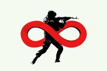 A soldier fires a gun and is covered in the infinity symbol