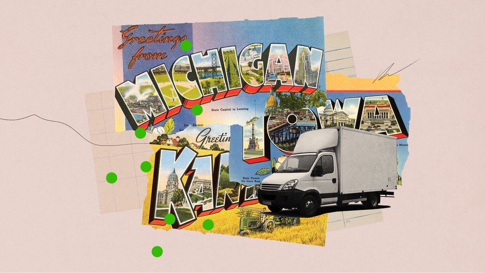 A graphic of a "Greetings From Michigan" postcard and a moving truck