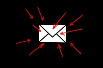 An illustration on a black background of an envelope icon surrounded by many red arrows pointing into it