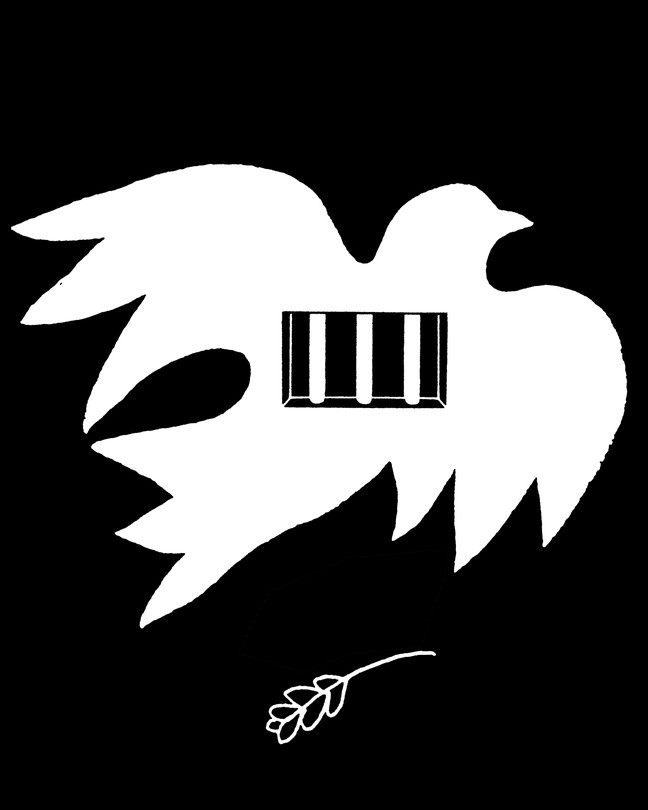 An illustration of a dove with a prison cell cut out of it's chest, dropping an olive branch.