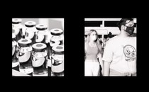 a two-channel video in black-and-white: the one on the left is of a factory line of medical vials, and the other is of people in masks walking