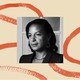 A black-and-white profile photo of former Ambassador Susan Rice surrounded by an illustrated border