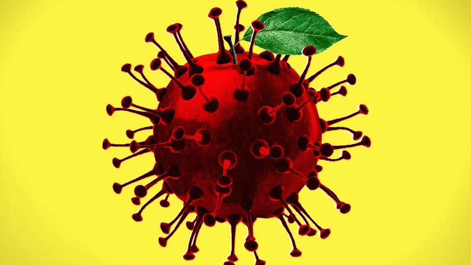 A closeup of the coronavirus with a leaf sticking out the top, like an apple