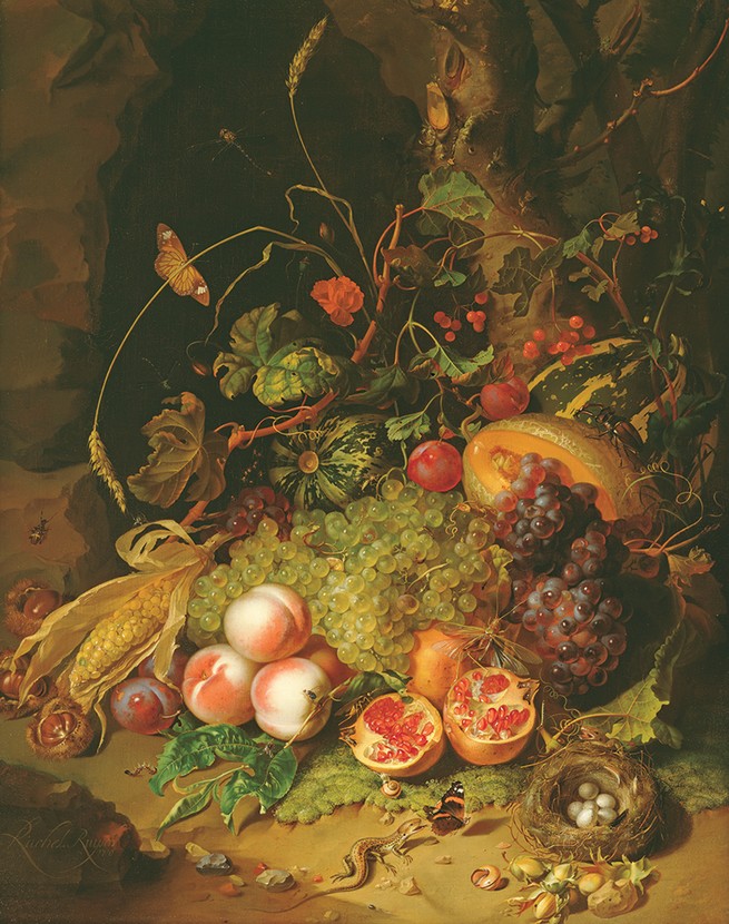 still life oil painting of ornate pile of flowers and fruit with insects, lizard, bird's nest, butterflies