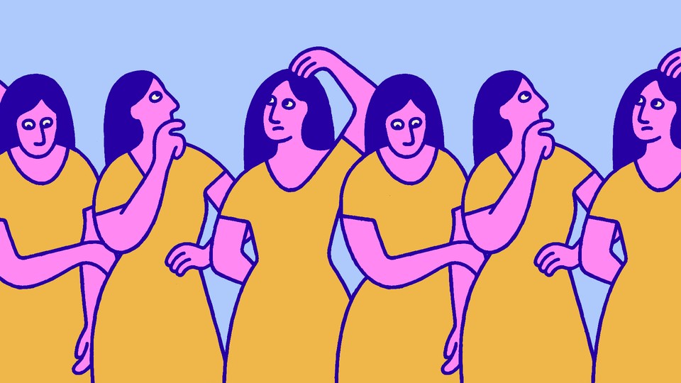 Multiple versions of the same woman, standing in a row, scratching her head as if trying to puzzle something out