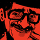 illustrated black-ink sketch of Sammy Davis Jr. smiling and wearing large glasses on red background