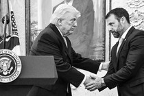 President Trump shaking hands with newly sworn in Secretary of Homeland Security Markwayne Mullin in the Oval Office