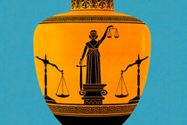 A photo-illustration of a vase with Lady Justice and scales imprinted on it