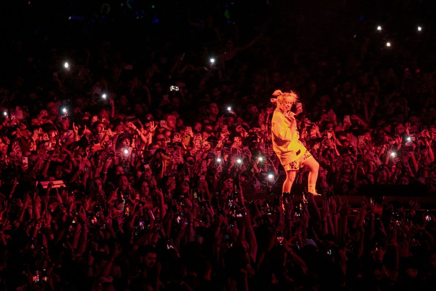 A crowd of people raise their hands and watch as Billie Eilish performs at a concert.