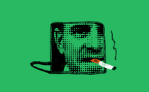 A stylized image of a laptop with Hunter Biden’s face on the front. A cigarette is in his mouth.