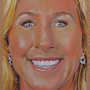 illustration in pastels of Marjorie Taylor Greene's smiling face with blond hair and silver "Q" earrings