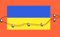 Cartoon of Ukrainian flag with circling mouse pointers