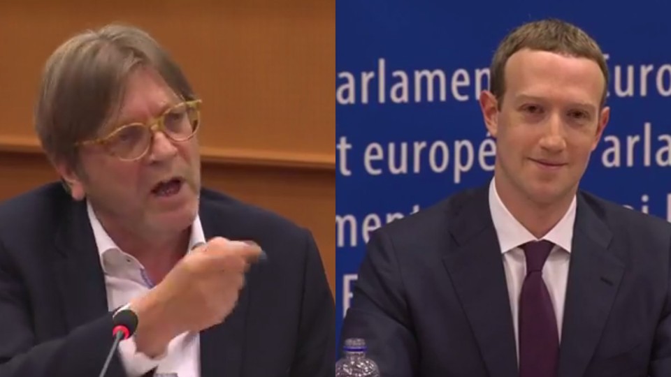 European Parliamentarian Guy Verhofstadt and Mark Zuckerberg during a hearing Tuesday in Brussels
