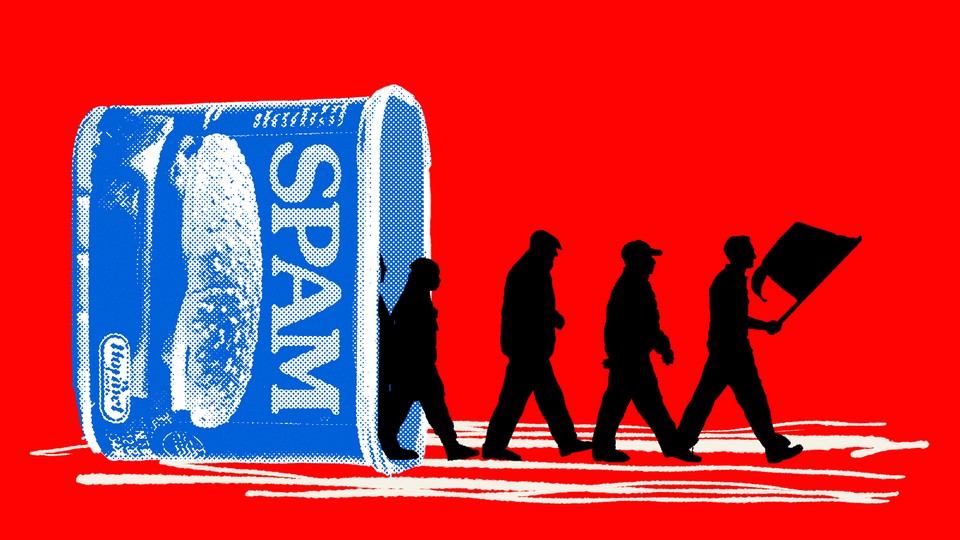 An illustrated SPAM can lays on its side, with picketing workers walking out in defiance.