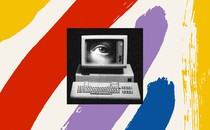 Image of a human eye on the screen of a desktop PC computer, against a multicolored-paint-stroke background