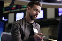 Jack Dorsey gestures during a conversation on the floor of the New York Stock Exchange.