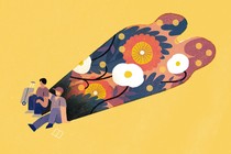 Illustration of two men sitting on a yellow background, their shadows stretch out long behind them and the shadows are made of flowers