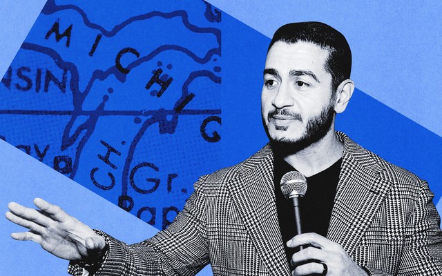 A cut-out black-and-white photograph of El-Sayad set against a blue background with a Michigan map.