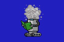 Pixelated illustration of a robot reading a book while its head is obscured in a cloud of dust