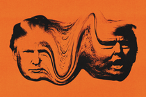 Illustration of two images of Donald Trump's face morphing together with an orange background