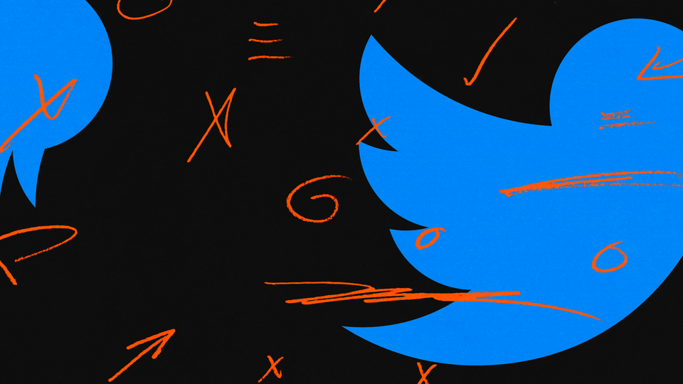 The twitter logo on a black background with red scribbles