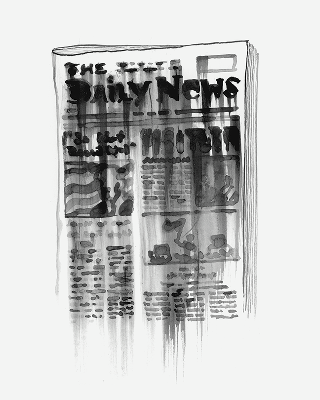 Ilustración en blanco y negro de la portada del periódico The Daily News con tinta manchada y goteando.