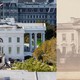 A diptych of the present-day demolished East Wing of the White House and a sepia-toned photograph of the old White House on the right