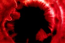 Abstract picture of red shapes radiating from black hole