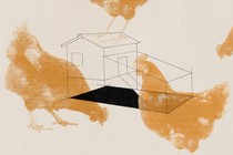 An outline of a farmhouse over a collage of chicken photos