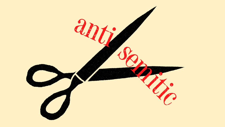 Illustration of a pair of scissors cutting the word "anti-Semitic" in half