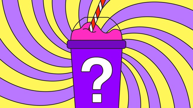 Cartoon-Illustration eines Slushies mit einem Strohhalm, mit einem Fragezeichen auf der Tasse und einem wirbelnden Muster im Hintergrund