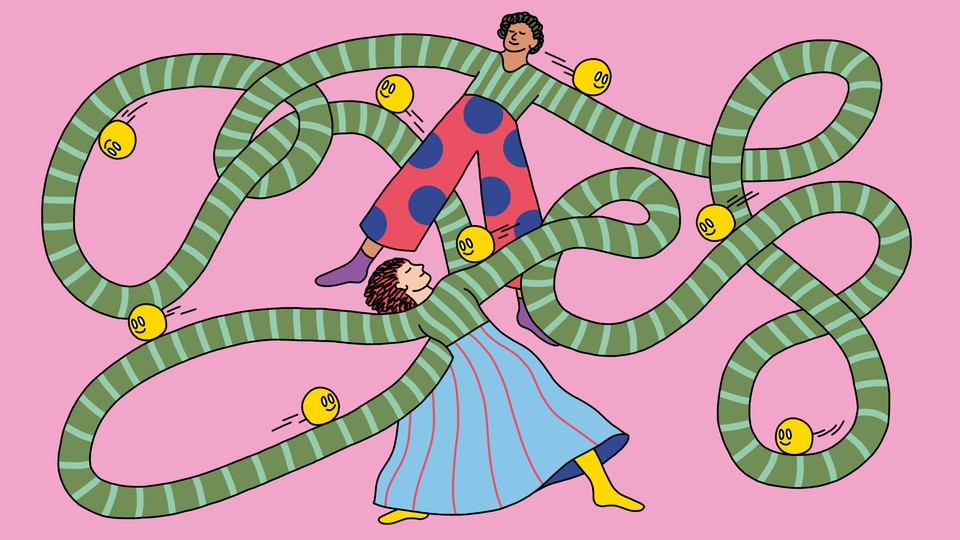 Two happy people connected by their long swirling arms