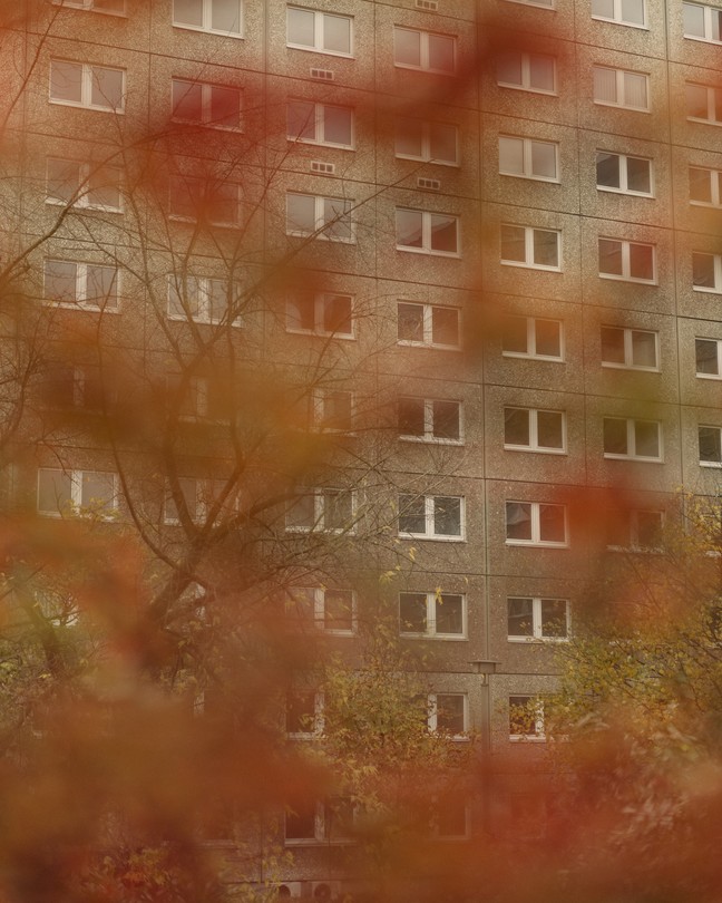 A blur of red leaves with a building in the background