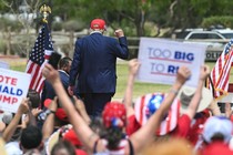 Trump is shown from behind at a campaign rally, raising his fist.