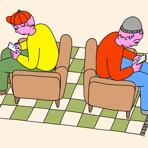 illustration of two people looking at their phones with their backs to each other