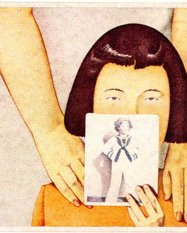 An illustration of a child with a bob cut holding up a faded photograph of another child in a sailor suit