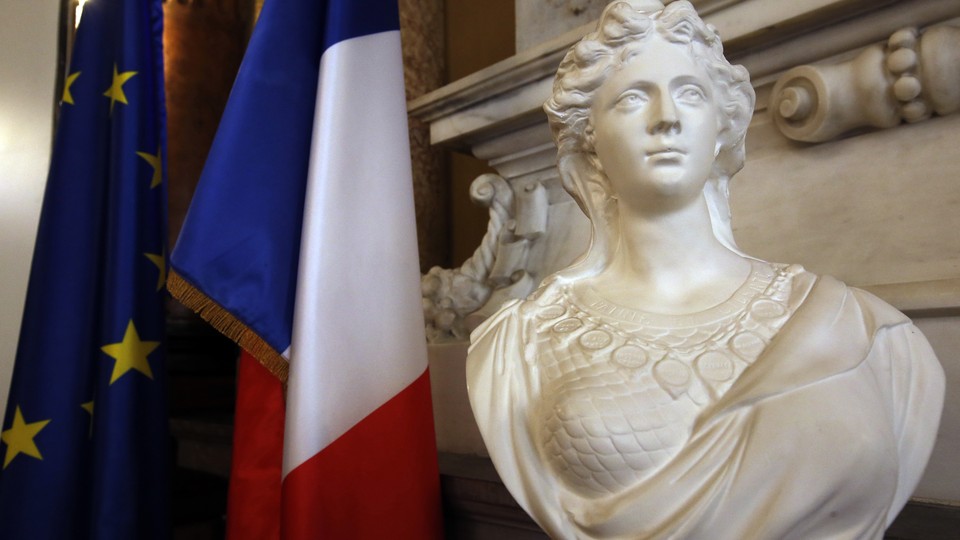 A bust of the French revolutionary symbol "Marianne" in Nice, France