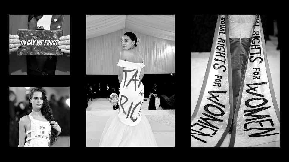 A purse with "in gay we trust"; a dress with "peg the patriarchy"; Alexandria Ocasio-Cortez wearing a dress with "tax the rich"; and a suffragette dress.